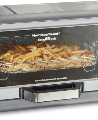 Hamilton Beach Air Fryer Toaster Oven Combo with Large Capacity, Fits 6 Slices or 12” Pizza, 4 Cooking Functions for Convection, Bake, Broil, Roll-Top Door, Easy Reach Sure-Crisp, Stainless Steel
